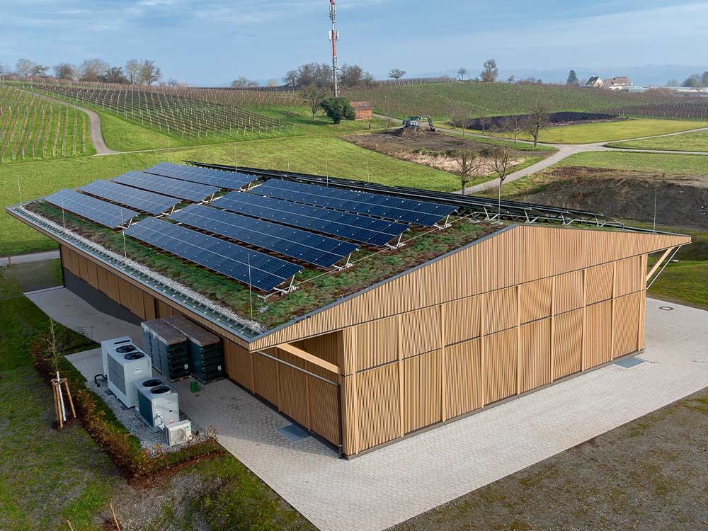 Neubau Produktionsgebäude und Kelter auf der Insel Reichenau in Holzbauweise mit PV‑Anlage und begrünter Dachfläche — Neubau, Kelter, Holzbauweise.