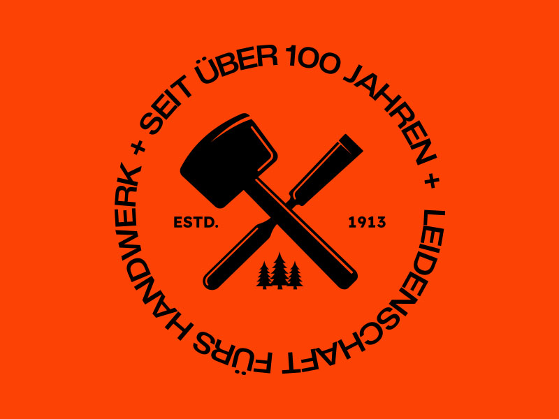 Grafik mit orangem Hintergrund und schwarzem Stempel „Seit über 100 Jahren – Leidenschaft fürs Handwerk“ – Ettwein steht für Tradition, Holzbau, Zimmerei und Schreinerei mit Herzblut.